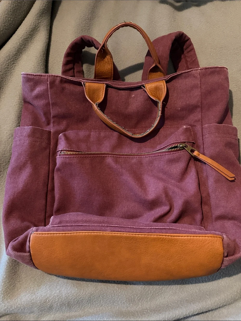 Universal Thread Plum Canvas Backpack with Tan Leather Trim